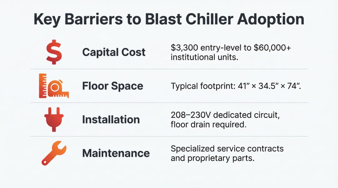 Four blast chiller adoption barriers including cost space installation and maintenance