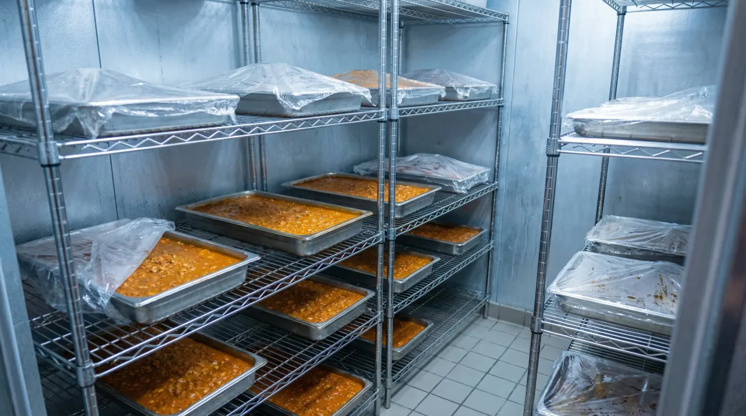 Commercial walk-in cooler with shallow hotel pans arranged for rapid food cooling