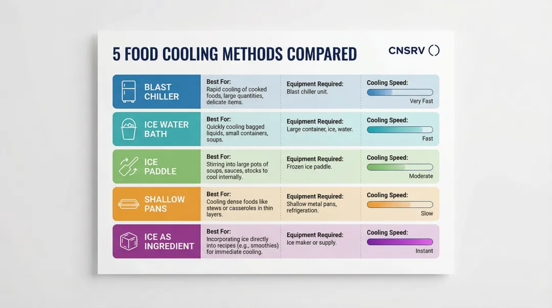 Five commercial kitchen cooling methods comparison chart with speed and equipment requirements