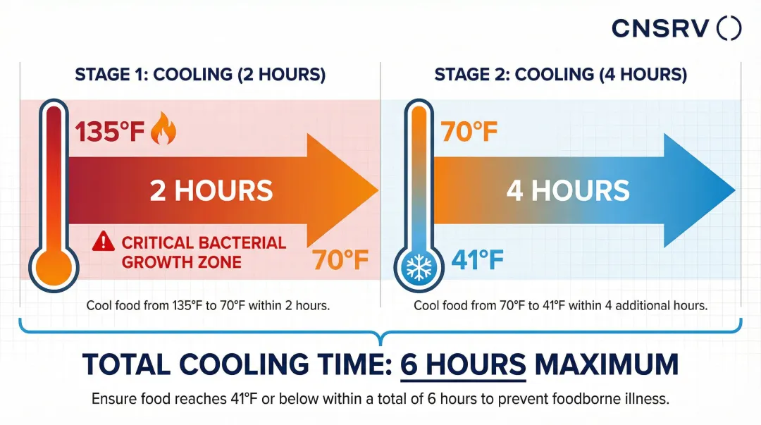 FDA two-stage cooling method temperature timeline with 135°F to 41°F requirements