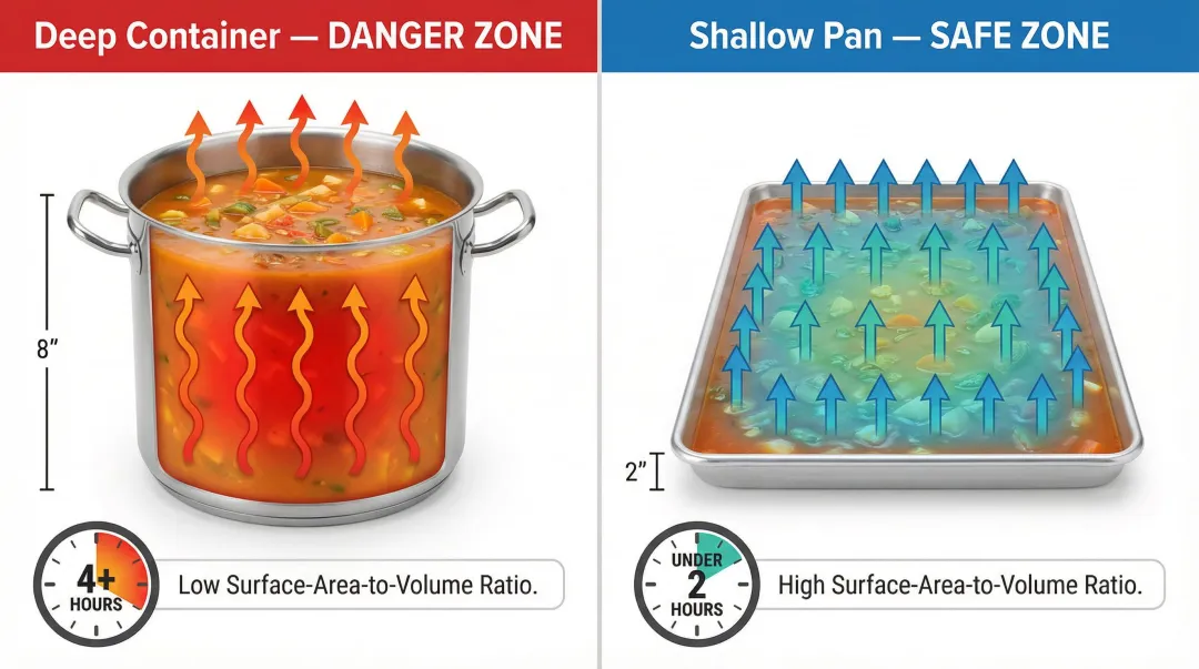 Shallow versus deep container cooling speed comparison showing surface area to volume ratio
