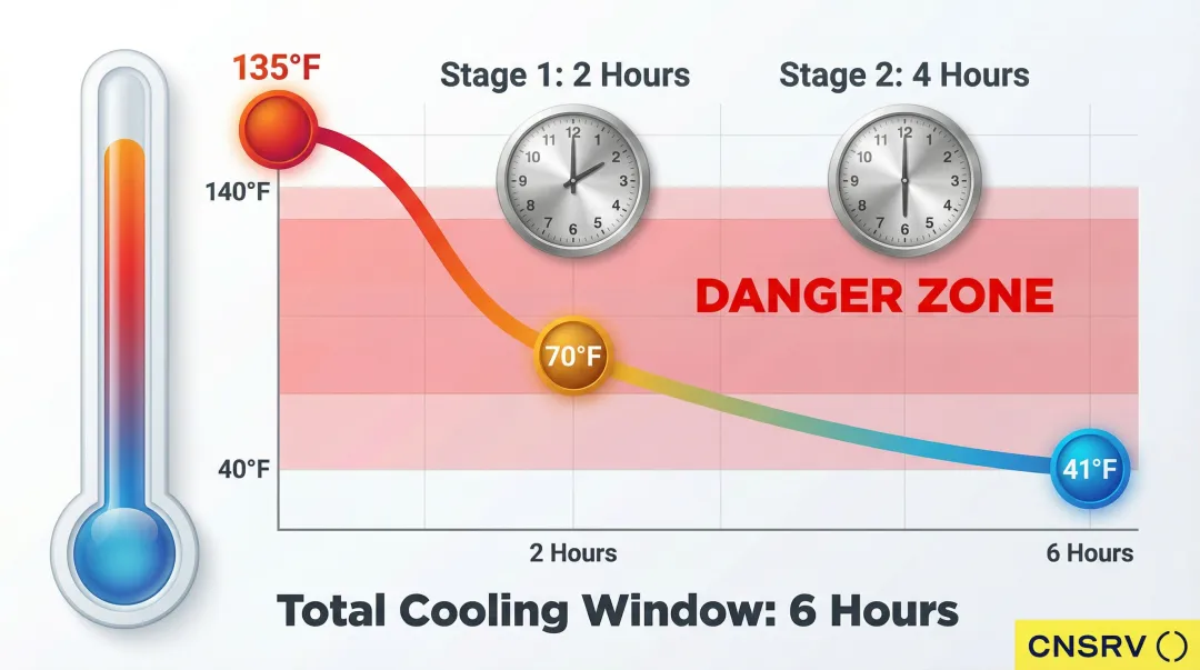 Two-stage food safety cooling timeline from 135°F to 41°F within 6 hours