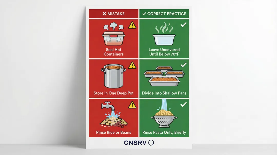 Three most common cooked starch cooling mistakes and correct practices comparison chart