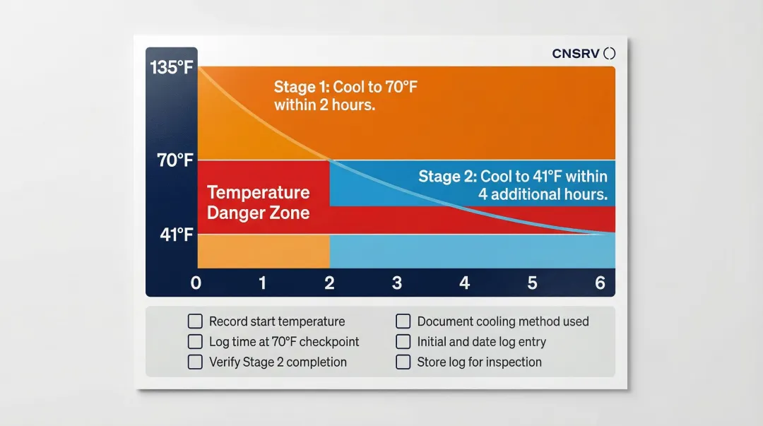 FDA two-stage chili cooling timeline with temperature checkpoints and logging requirements