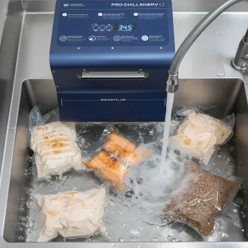Commercial kitchen staff rapidly cooling large batch of cooked proteins using professional equipment
