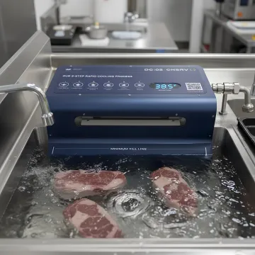 Step-by-step rapid cooling process for batch-cooked proteins in a commercial kitchen