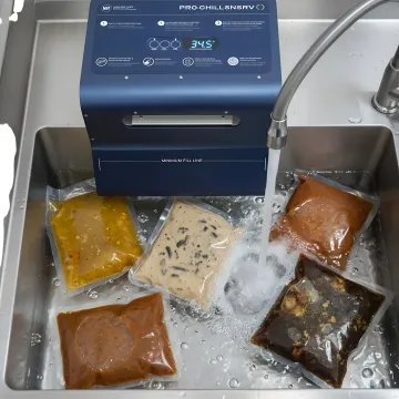 Commercial kitchen chef rapidly cooling a large pot of soup using an ice bath