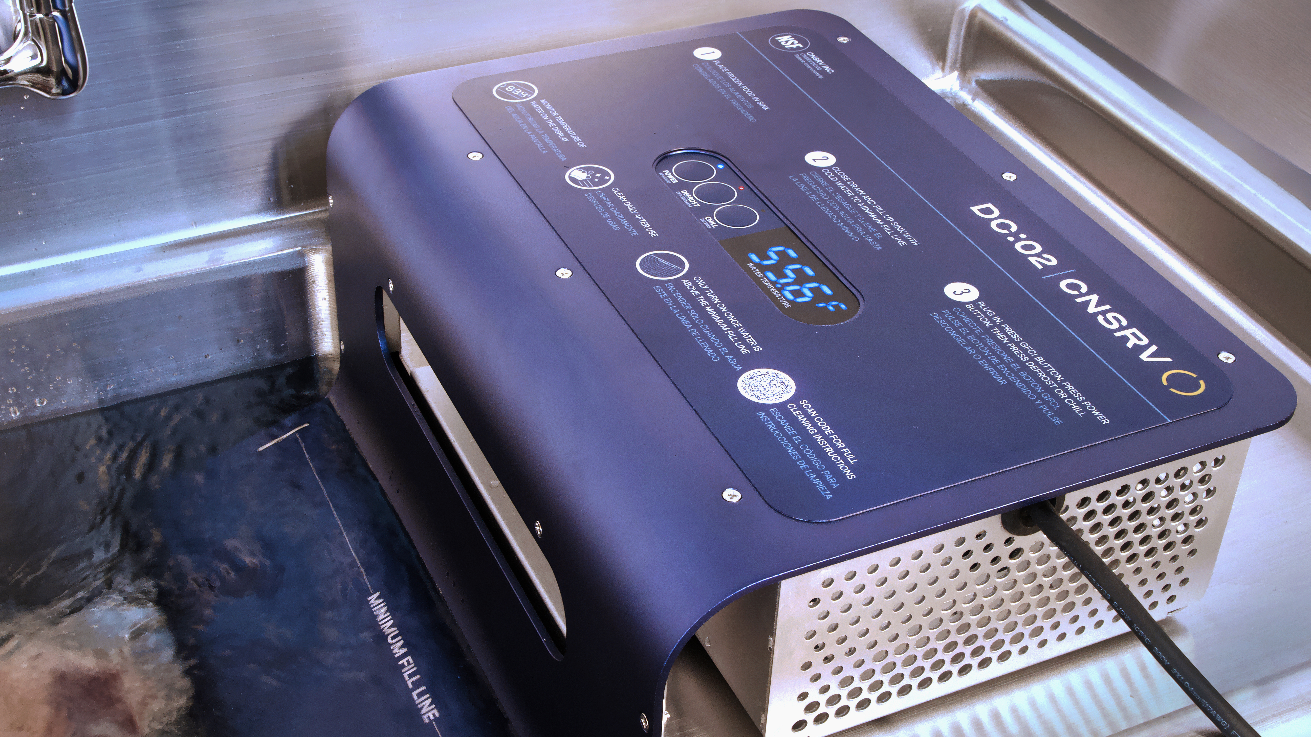 CNSRV DC:02 commercial defrosting system installed in standard prep sink kitchen setting