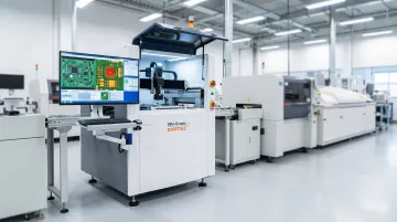 Automated optical inspection system scanning PCB circuit board on electronics production line