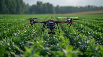 Agricultural drone performing multispectral crop health imaging over farm fields