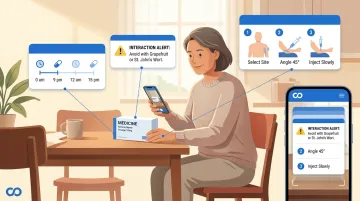 Patient using AR app on smartphone to scan medication packaging for dosage guidance