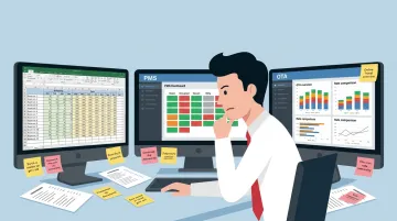 Hotel revenue manager reviewing fragmented data systems on multiple screens