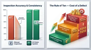 Manual versus AI vision inspection accuracy comparison and defect cost escalation Rule of Ten