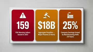 Life sciences regulatory penalty statistics showing FDA warning letters fines and manufacturing halt costs