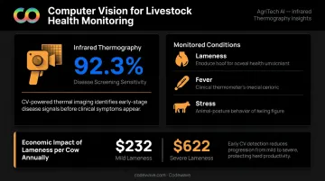 Livestock health monitoring computer vision thermal imaging detection accuracy infographic