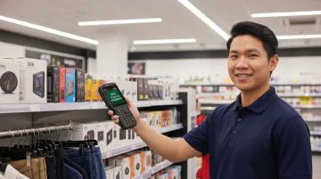 Retail store employee using handheld RFID scanner for inventory management on sales floor