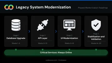 Phased healthcare modernization roadmap showing incremental upgrade stages and stabilization timeline
