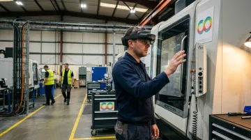 Factory technician using AR headset to view equipment diagnostics on shop floor