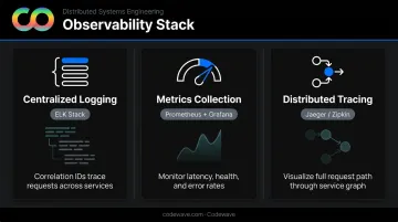 Three pillars of microservices observability stack tools and responsibilities diagram