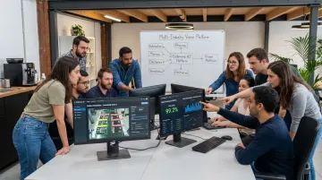 Codewave AI development team reviewing computer vision model performance on manufacturing dashboard