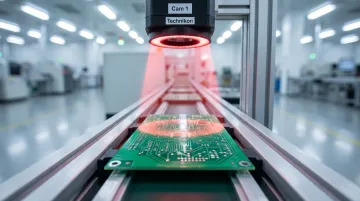 Industrial PCB electronics assembly line with automated vision inspection system overhead