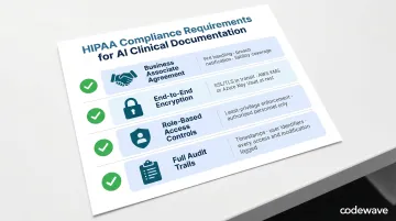 Four HIPAA compliance requirements for AI clinical documentation tools checklist infographic