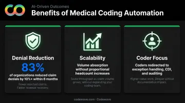 Three key benefits of medical coding automation with supporting statistics infographic