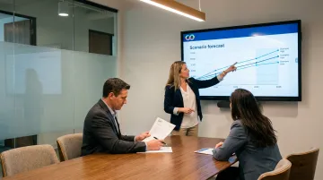Business strategy team analyzing multiple AI-generated scenario planning forecasts on large screen