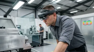 Enterprise AR mixed reality headset user interacting with digital work instructions overlay