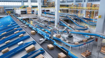 Amazon fulfillment center robotic arms sorting packages on conveyor belt