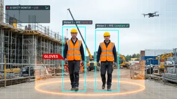 AI computer vision safety monitoring system detecting PPE compliance on active construction site