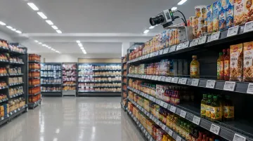 Retail shelf monitoring system with AI camera detecting low stock and empty shelves