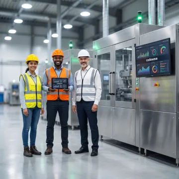 Manufacturing team using AI analytics on production data