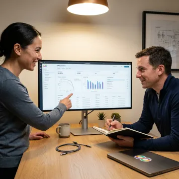 AI development team reviewing models and analytics dashboards