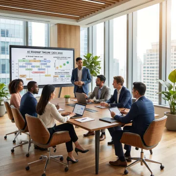 Consultants presenting an AI implementation strategy