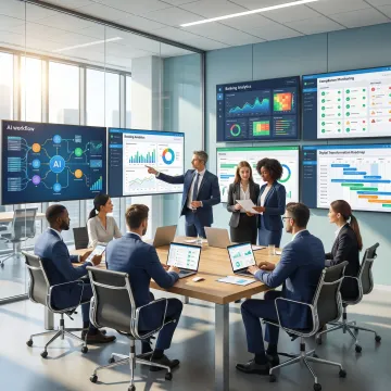Banking team reviewing AI transformation systems
