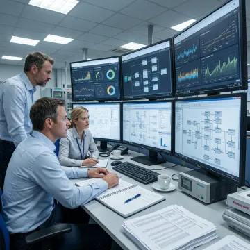 Engineers reviewing industrial automation workflow dashboards