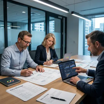 Data strategy consultants reviewing analytics dashboards