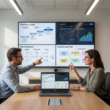 AI strategy consultants reviewing analytics dashboard