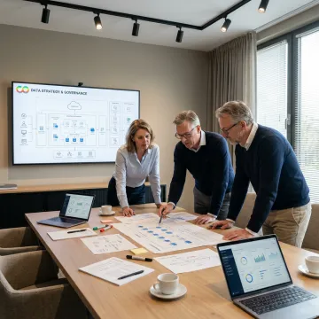 Data architecture consultants reviewing analytics dashboards