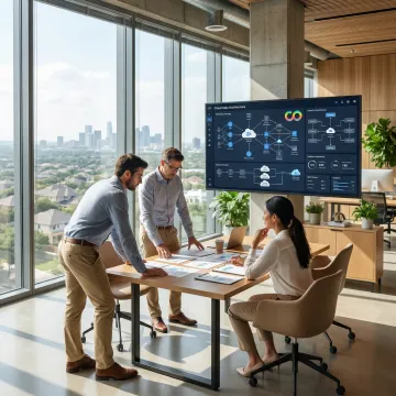 Data architecture consultants reviewing analytics dashboard