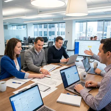 Mobile app team reviewing iOS and Android screens