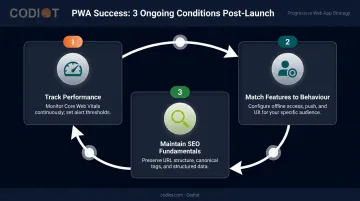 Three post-launch PWA success conditions performance tracking UX and SEO maintenance workflow