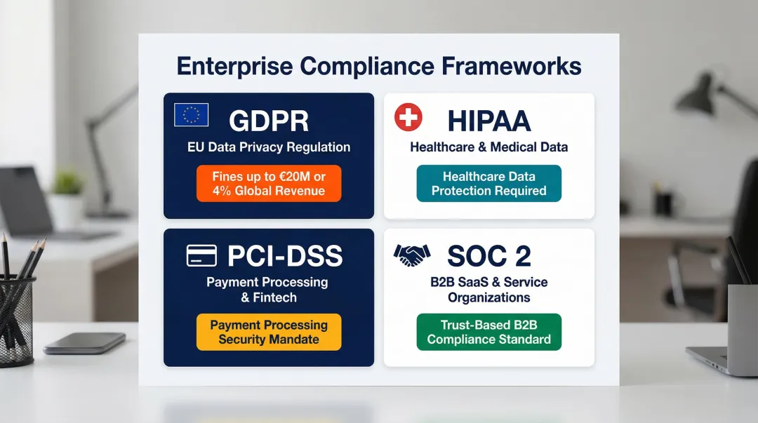 Enterprise software compliance frameworks GDPR HIPAA PCI-DSS SOC 2 requirements comparison