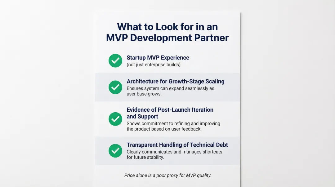 Four-point checklist for evaluating startup MVP development partner experience and quality