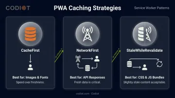 Three PWA caching strategies CacheFirst NetworkFirst StaleWhileRevalidate decision flow infographic