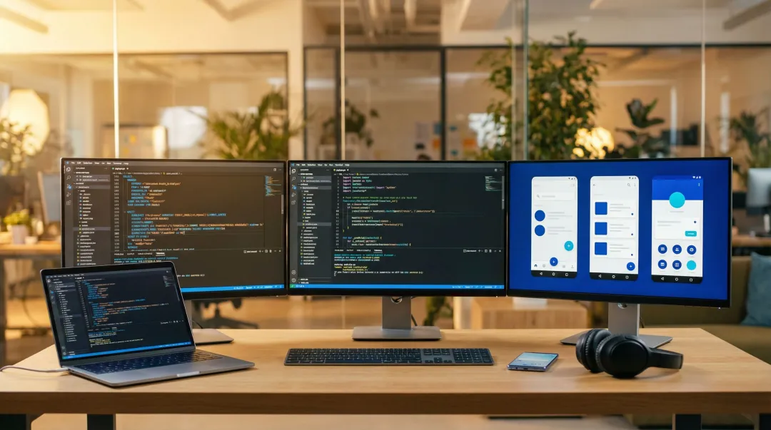 Android app development team reviewing Kotlin code on multiple screens