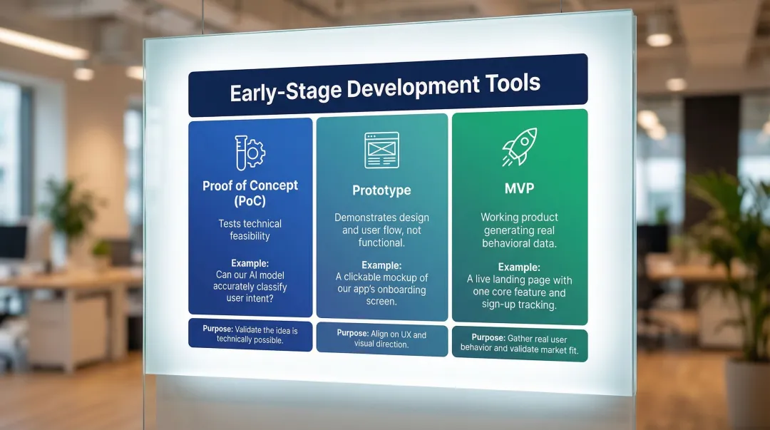 Proof of concept prototype and MVP comparison three-column infographic