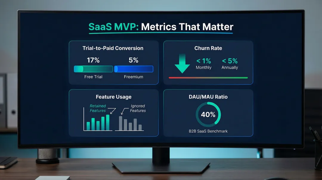 Key SaaS MVP success metrics benchmarks dashboard-style infographic
