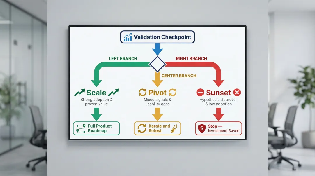 Three post-MVP decision paths scale pivot or sunset outcomes flowchart